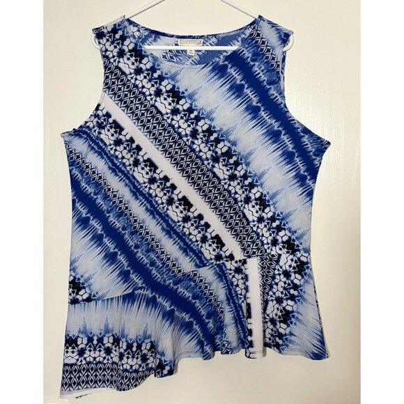 Blue & White Sleeveless Dana Buchman Women's Top XL Geometric Asymmetrical Hem - Picture 1 of 5